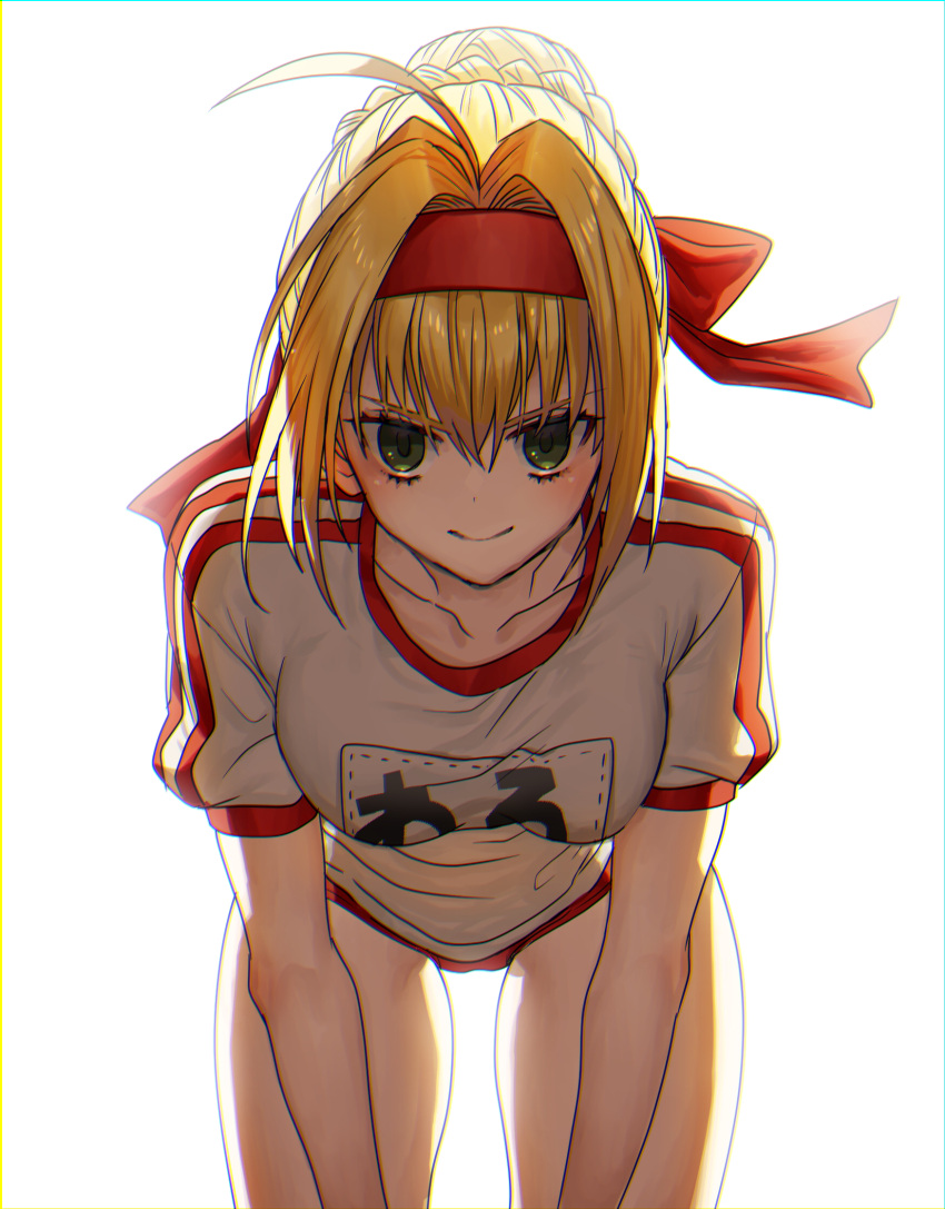 1girl blonde_hair blush bow braid breasts buruma collarbone fate_(series) french_braid green_eyes gym_shirt hair_bow hair_intakes headband highres leaning_forward looking_at_viewer medium_breasts nero_claudius_(fate) none_(kameko227) red_buruma red_headband shirt short_hair smile solo thighs white_background white_shirt