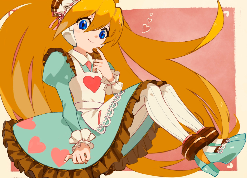 1girl apron blonde_hair blue_dress blue_eyes cairngorm999 candy chocolate ciel_(mega_man) dress food full_body heart heart-shaped_chocolate heart_print high_ponytail highres holding holding_chocolate holding_food long_hair mega_man_(series) mega_man_x_(series) mega_man_x_dive mega_man_zero_(series) official_alternate_costume pink_background print_dress solo very_long_hair