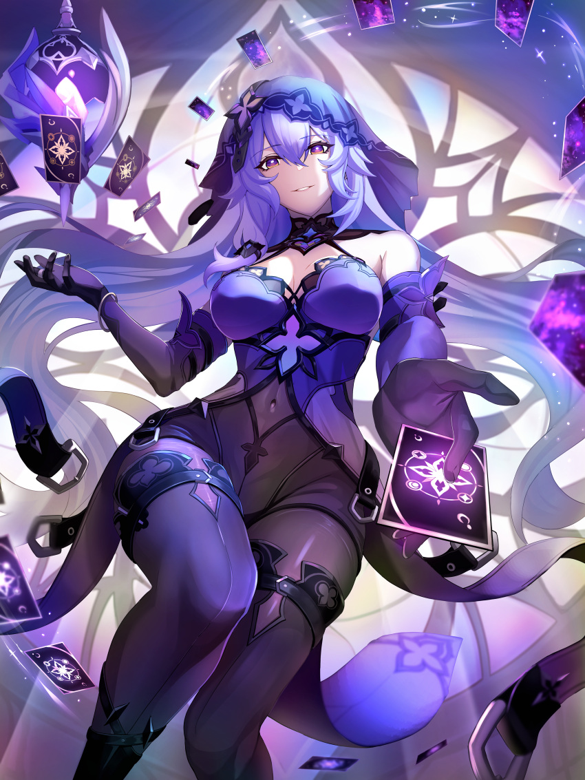 1girl absurdres bangle black_swan_(honkai:_star_rail) boots bracelet breasts card cleavage covered_navel dress elbow_gloves feet_out_of_frame gloves grin harukey highres holding holding_card honkai:_star_rail honkai_(series) jewelry long_hair looking_at_viewer medium_breasts pantyhose parted_lips purple_dress purple_eyes purple_footwear purple_gloves purple_hair sleeveless sleeveless_dress smile solo thigh_boots thighs veil very_long_hair
