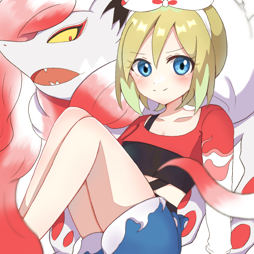 1girl 3656_chan blonde_hair blue_eyes blue_shorts blush bow_hairband closed_mouth collarbone commentary_request cropped_shirt eyelashes hairband highres hisuian_zoroark irida_(pokemon) irida_(special_costume)_(pokemon) legs looking_at_viewer official_alternate_costume pokemon pokemon_(creature) pokemon_masters_ex shirt short_hair shorts smile split_mouth white_hairband