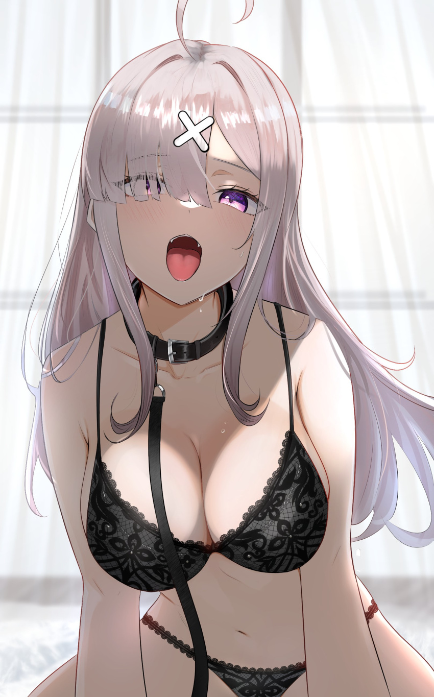 1girl absurdres ahoge animal_collar blush breasts cleavage collar eyes_visible_through_hair grey_hair hair_ornament hair_over_one_eye highres holding holding_leash large_breasts leash long_hair looking_at_viewer mole mole_under_eye navel nijisanji open_mouth pet_play purple_eyes saliva sexually_suggestive simple_background solo sukoya_kana tchai_covsky tongue tongue_out underwear underwear_only viewer_holding_leash virtual_youtuber x_hair_ornament