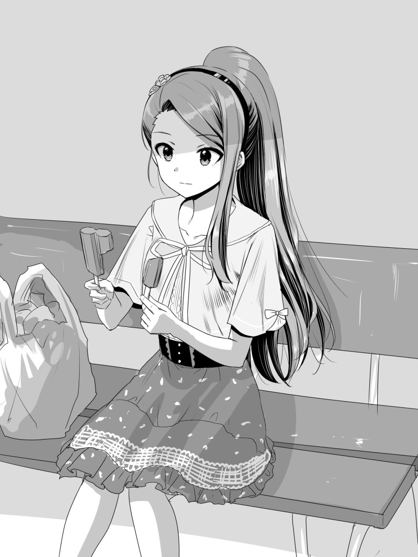 asymmetrical_bangs blouse breasts closed_mouth collarbone double_popsicle expressionless flower_hairband food forehead greyscale hair_ornament hairband highres holding idolmaster idolmaster_(classic) idolmaster_million_live! idolmaster_million_live!_theater_days long_hair matcha_kingyo minase_iori monochrome official_alternate_costume official_alternate_hairstyle on_bench ponytail popsicle ribbon shaded_face shirt short_sleeves single_sidelock sitting skirt small_breasts very_long_hair