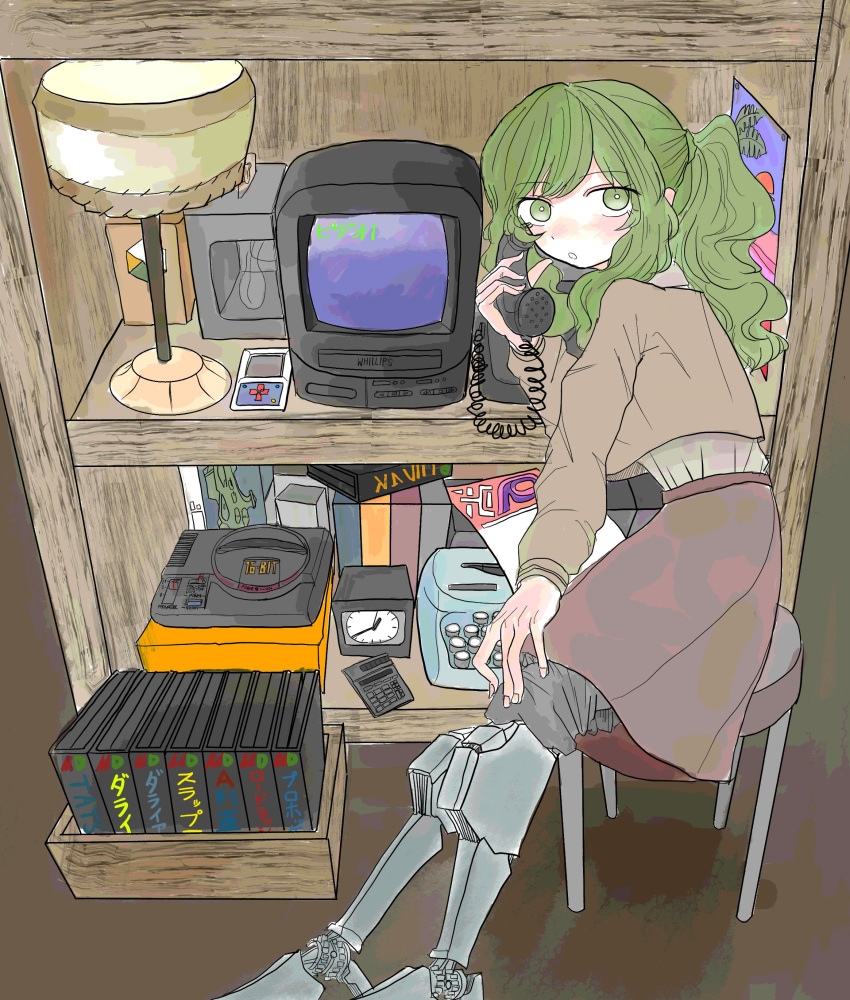 1girl absurdres amputee brown_skirt brown_sweater cabinet calculator chair clock commentary crt double_amputee game_console green_eyes green_hair highres holding holding_phone lamp long_hair long_skirt looking_at_viewer open_mouth original phone ponytail prosthesis prosthetic_leg sega_mega_drive sidelocks sitting sk76376502 skirt solo sweater symbol-only_commentary typewriter