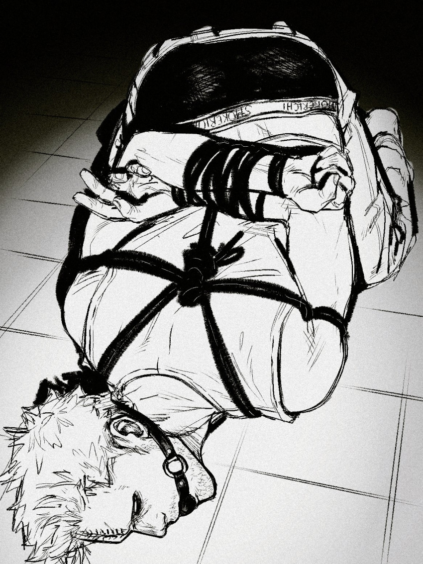 1boy arms_behind_back ass ball_gag bara bdsm boku_no_hero_academia bondage bound bound_arms boxers foreshortening gag gagged greyscale highres male_focus male_underwear mature_male monochrome on_floor rope short_hair smokerichi solo sparse_stubble tank_top toned toned_male twice_(boku_no_hero_academia) underwear