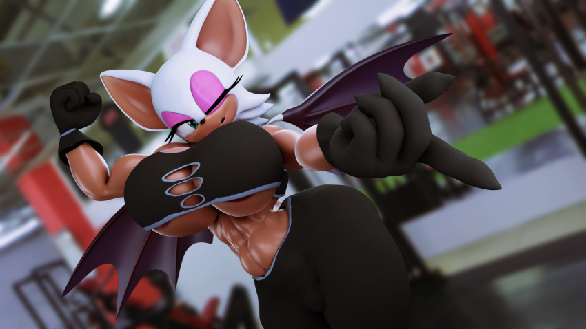 3d_(artwork) abs absurd_res anthro bat_wings big_breasts big_butt bodily_fluids breasts butt chiropteran clothing crop_top digital_media_(artwork) eyeshadow female fur gloves gym_clothing handwear hi_res makeup mammal membrane_(anatomy) membranous_wings neenbeanmachine one_eye_closed pink_eyeshadow puckered_lips rouge_the_bat sega shirt solo sonic_the_hedgehog_(series) sweat sweatpants tan_body thick_thighs topwear under_boob white_body white_fur wide_hips wings wink