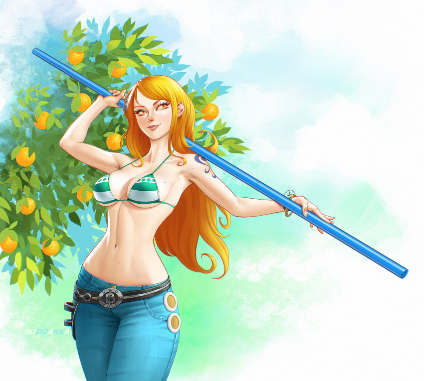 1girl arm_tattoo artist_name bare_shoulders bikini bikini_top_only closed_mouth commentary english_commentary food fruit highres holding holding_polearm holding_weapon long_hair mandarin_orange midriff nami_(one_piece) navel one_piece orange_eyes orange_hair outdoors polearm smile solo suddakka swimsuit tattoo weapon