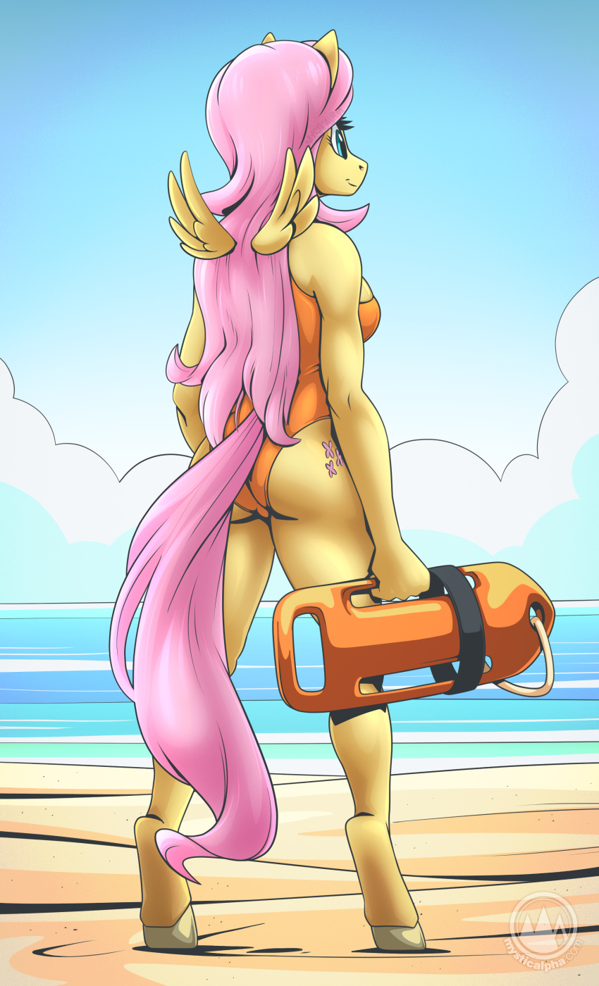 2023 absurd_res anthro anthrofied beach biped breasts butt clothed clothing cloud cutie_mark detailed_background digital_drawing_(artwork) digital_media_(artwork) equid equine female fluttershy_(mlp) friendship_is_magic full-length_portrait hair hand_on_hip hasbro hi_res hooves lifeguard long_hair looking_away mammal my_little_pony mysticalpha mythological_creature mythological_equine mythology one-piece_swimsuit orange_clothing orange_swimwear pegasus pink_hair pink_tail portrait rear_view sand sea side_boob small_wings solo swimwear tail teal_eyes unguligrade_anthro water wings yellow_body