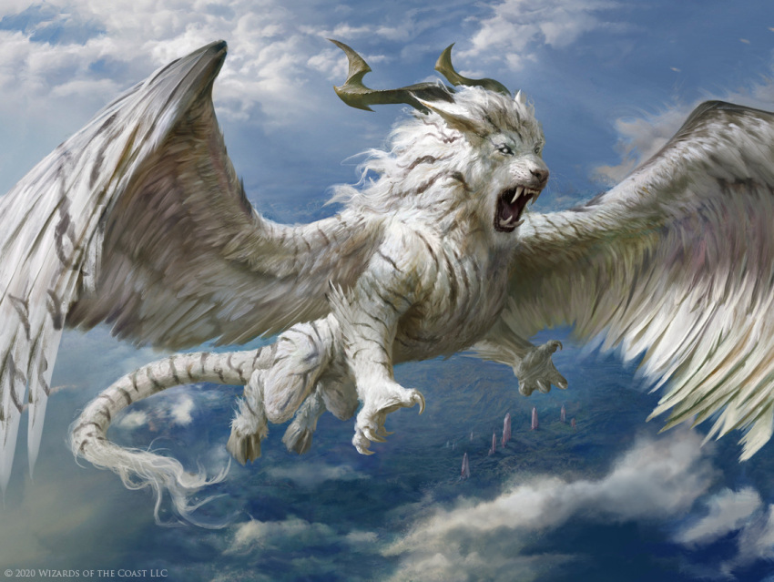 animal_focus blank_eyes blue_sky brown_horns claws cloud company_name copyright_notice day fangs feathered_wings flying from_above full_body herald_of_the_forgotten hooves horns magic:_the_gathering mane manzanedo no_humans open_mouth realistic sky solo tiger white_tiger winged_animal wings