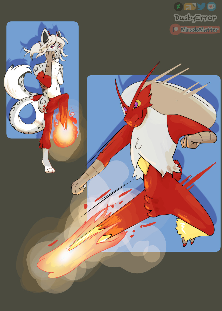 absurd_res avian blaze_kick blaziken dustyerror felid fire generation_3_pokemon hi_res kick male mammal nintendo pantherine pokemon pokemon_(species) shiny_pokemon simple_background snow_leopard transformation