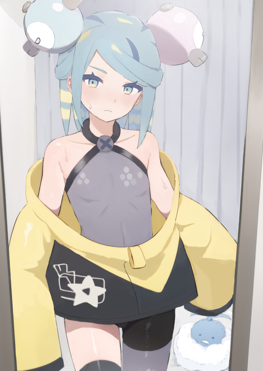 1boy altaria bare_shoulders blue_eyes blue_hair blush bulge commentary_request cosplay crossdressing facing_viewer grusha_(pokemon) highres inuyama_sumisu iono_(pokemon) iono_(pokemon)_(cosplay) light_blue_hair looking_at_viewer male_focus mirror otoko_no_ko pokemon pokemon_(creature) pokemon_sv reflection shiny_clothes solo standing sweat sweatdrop thick_eyelashes upper_body