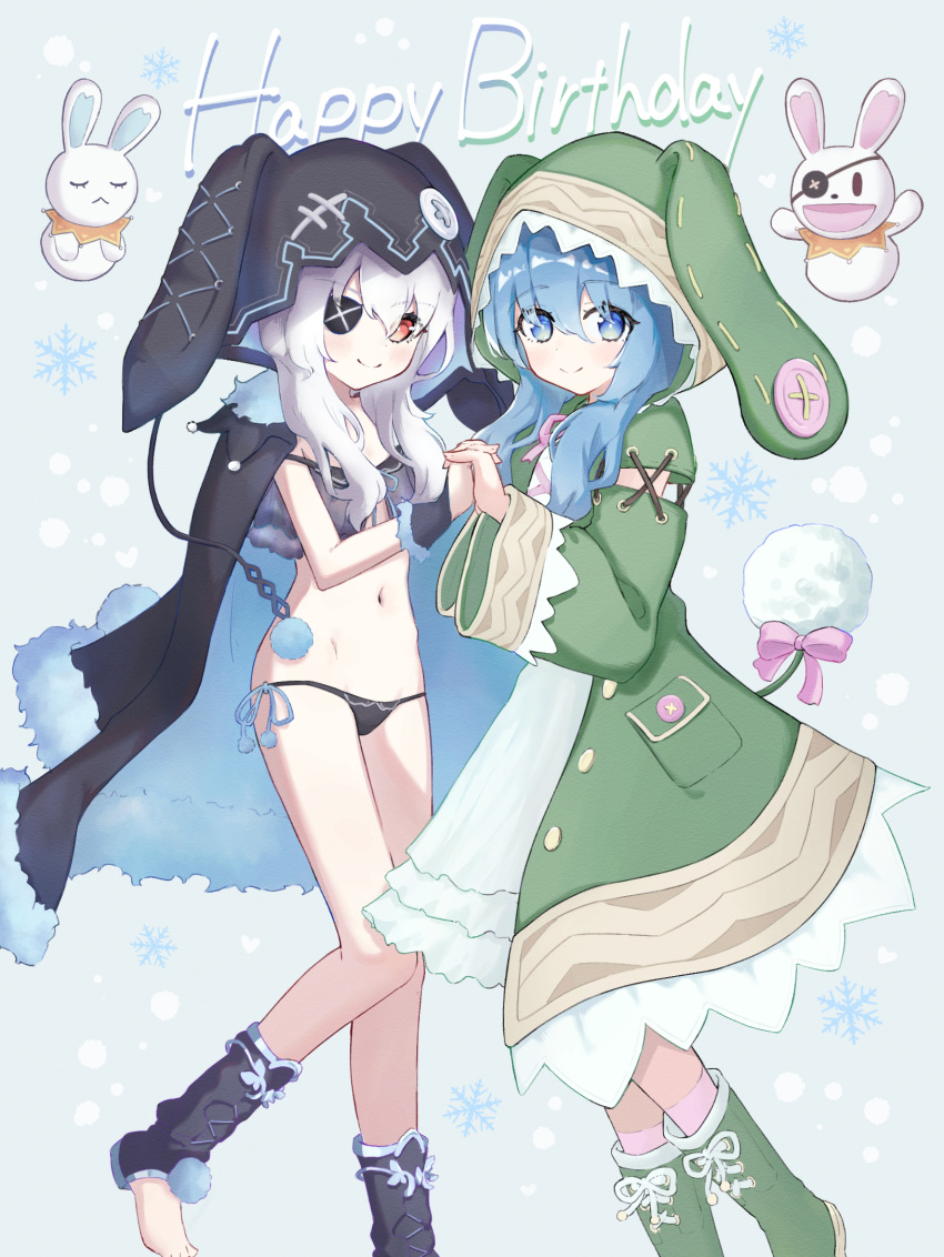 2girls animal_ear_hood babydoll black_babydoll black_coat black_footwear black_panties blue_background blue_eyes blue_hair boots bow buttons closed_mouth coat commentary_request cross-laced_footwear dark_persona date_a_live detached_sleeves dress dual_persona eyepatch fake_tail foot_out_of_frame green_coat green_footwear grey_hair hair_between_eyes hand_puppet happy_birthday highres holding_hands hood lace-up_boots looking_at_viewer multiple_girls navel orange_eyes panties partial_commentary patch pink_bow pink_socks pom_pom_(clothes) puppet simple_background smile snowflake_background socks standing standing_on_one_leg tail toeless_footwear underwear utakise315 white_dress wide_sleeves yoshino_(date_a_live) yoshinon