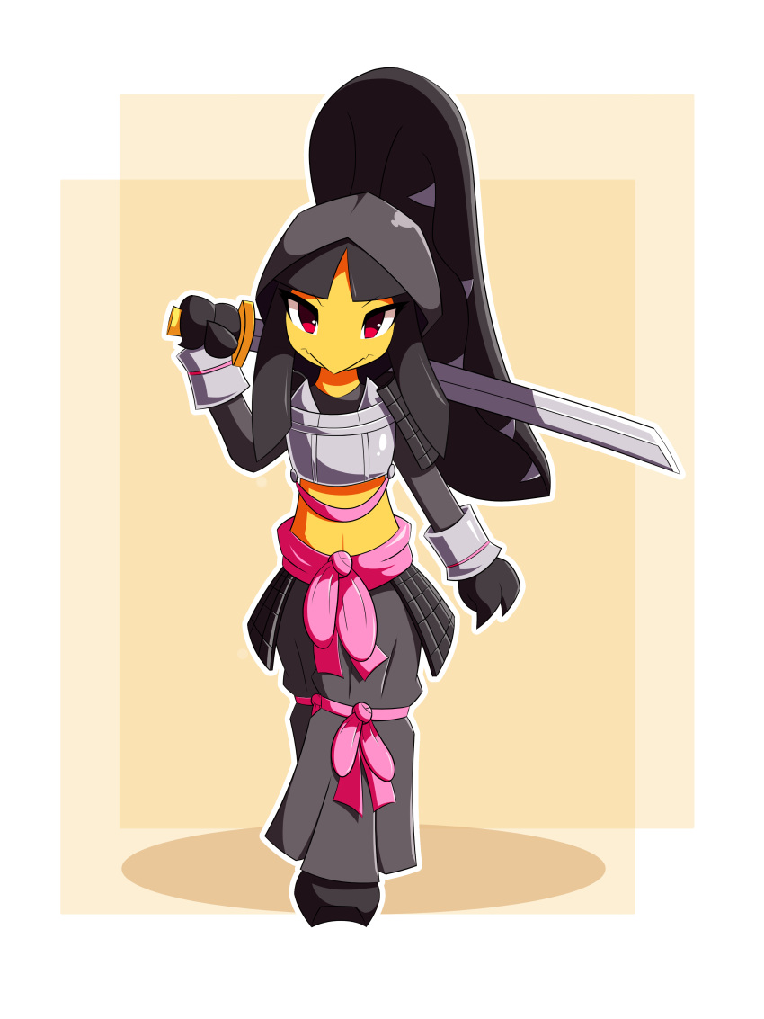 3:4 absurd_res anthro armor female generation_3_pokemon hi_res hood humanoid luminous_wish mawile melee_weapon nintendo pokemon pokemon_(species) pupils red_eyes samurai sharp_teeth simple_background solo sword teeth tomoko_(nyxcha) warrior weapon yellow_body