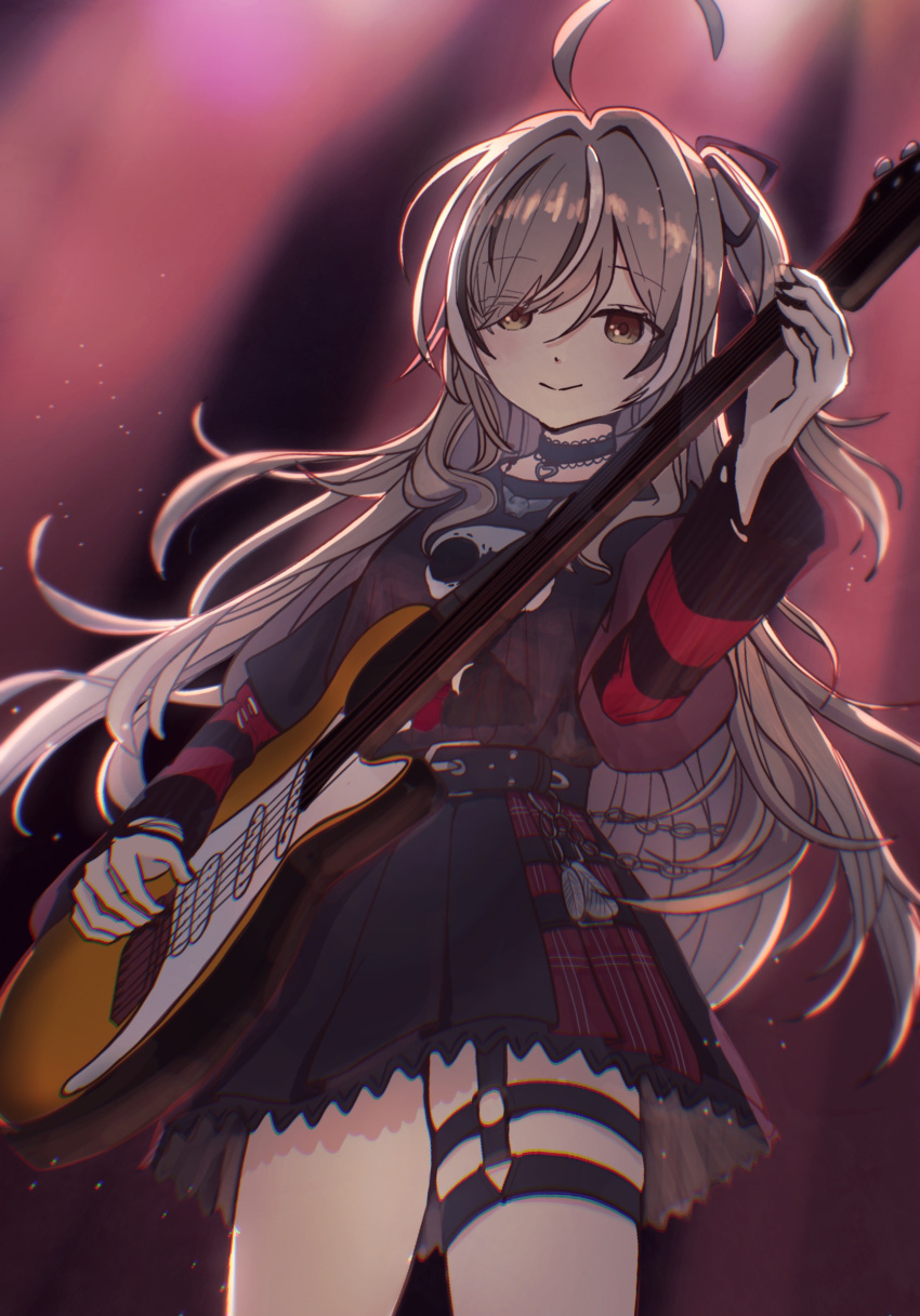 1girl ahoge belt belt_chain black_skirt black_sweater brown_eyes brown_hair choker electric_guitar emo_fashion feathers fzvkrjisli18183 guitar hair_over_one_eye heart heart_choker highres holding holding_guitar holding_instrument hololive hololive_english huge_ahoge instrument lace-trimmed_choker lace_trim light_particles long_hair multicolored_hair nanashi_mumei nanashi_mumei_(4th_costume) nightmare_(nanashi_mumei) o-ring o-ring_thigh_strap one_side_up plaid plaid_skirt pleated_skirt red_skirt red_sweater shirt_tucked_in skirt smile stage_lights streaked_hair striped_clothes striped_sweater sweater sweater_under_shirt thigh_strap torn_clothes torn_sweater two-tone_sweater very_long_hair virtual_youtuber