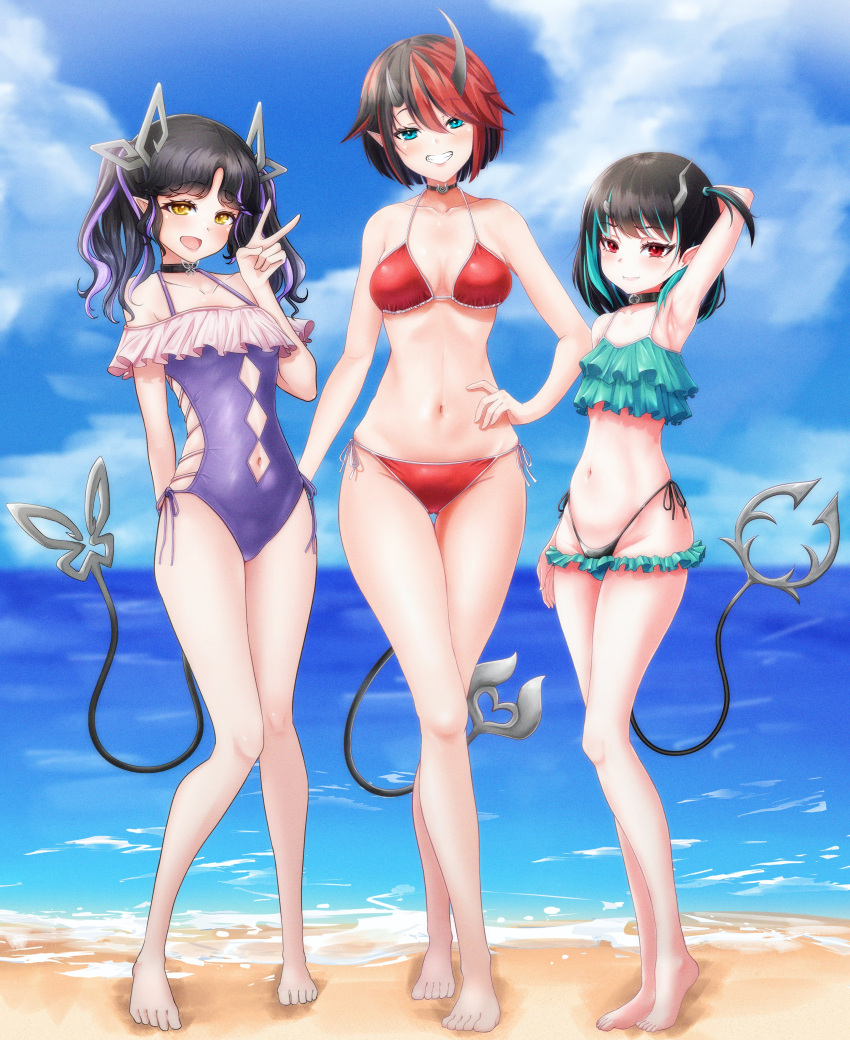 3girls absurdres alternate_costume arm_behind_head armpits bangs beach bikini black_bikini black_hair blue_bikini blue_eyes blue_hair blush breasts closed_mouth clothing_cutout cloud commentary_request crossed_legs day demon_girl demon_horns demon_tail flat_chest frilled_bikini frilled_swimsuit frills full_body hand_on_hip highres horizon horns kojo_anna large_breasts looking_at_viewer medium_breasts medium_hair mismatched_bikini multicolored_hair multiple_girls navel navel_cutout ocean one_side_up open_mouth outdoors pointy_ears purple_hair purple_one-piece_swimsuit red_bikini red_eyes red_hair robou_no_stone ryugasaki_rene sand shishio_chris short_hair side-tie_bikini_bottom smile sugar_lyric swimsuit tail twintails two-tone_hair virtual_youtuber water yellow_eyes