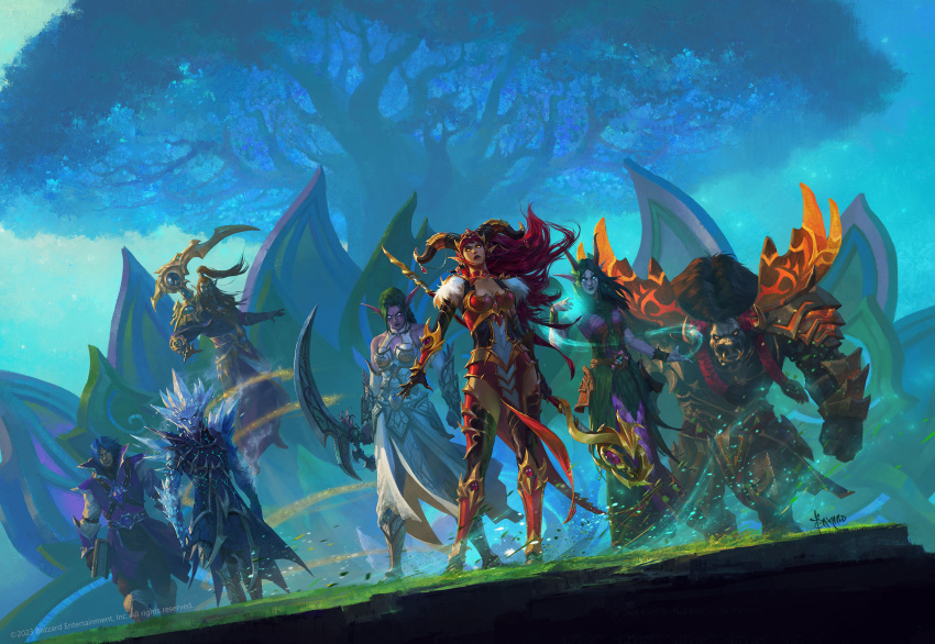 3boys 4girls alexstrasza antlers armor artist_name bayard_wu belt black_gloves boobplate casting_spell colored_skin copyright_name copyright_notice dragon_horns dress ebyssian elf faulds floating floating_hair full_body glaive_(polearm) gloves greaves green_dress green_hair highres holding holding_polearm holding_weapon horn_ornament horn_ring horns kalecgos looking_at_viewer magic merithra multiple_boys multiple_girls night_elf_(warcraft) nozdormu official_art outdoors pauldrons pelvic_curtain pointy_ears polearm purple_robe purple_skin red_hair robe scythe shoulder_armor standing tauren_(warcraft) tree tyrande_whisperwind vambraces vyranoth walking warcraft weapon weapon_on_back white_dress wind world_of_warcraft yellow_eyes