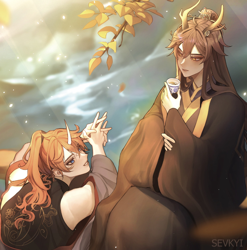 2boys absurdres antlers artist_name bare_shoulders black_kimono black_shirt blue_eyes branch couple cup detached_sleeves eye_contact genshin_impact gold_trim hair_bun hair_ornament hand_up highres holding holding_cup horns japanese_clothes kimono leaf leaning_forward long_hair looking_at_another male_focus multiple_boys orange_hair outdoors parted_lips ponytail sevkyi shirt single_horn sitting sleeveless sleeveless_shirt straight_hair tartaglia_(genshin_impact) tea tree water wide_sleeves yaoi yellow_eyes yunomi zhongli_(genshin_impact)