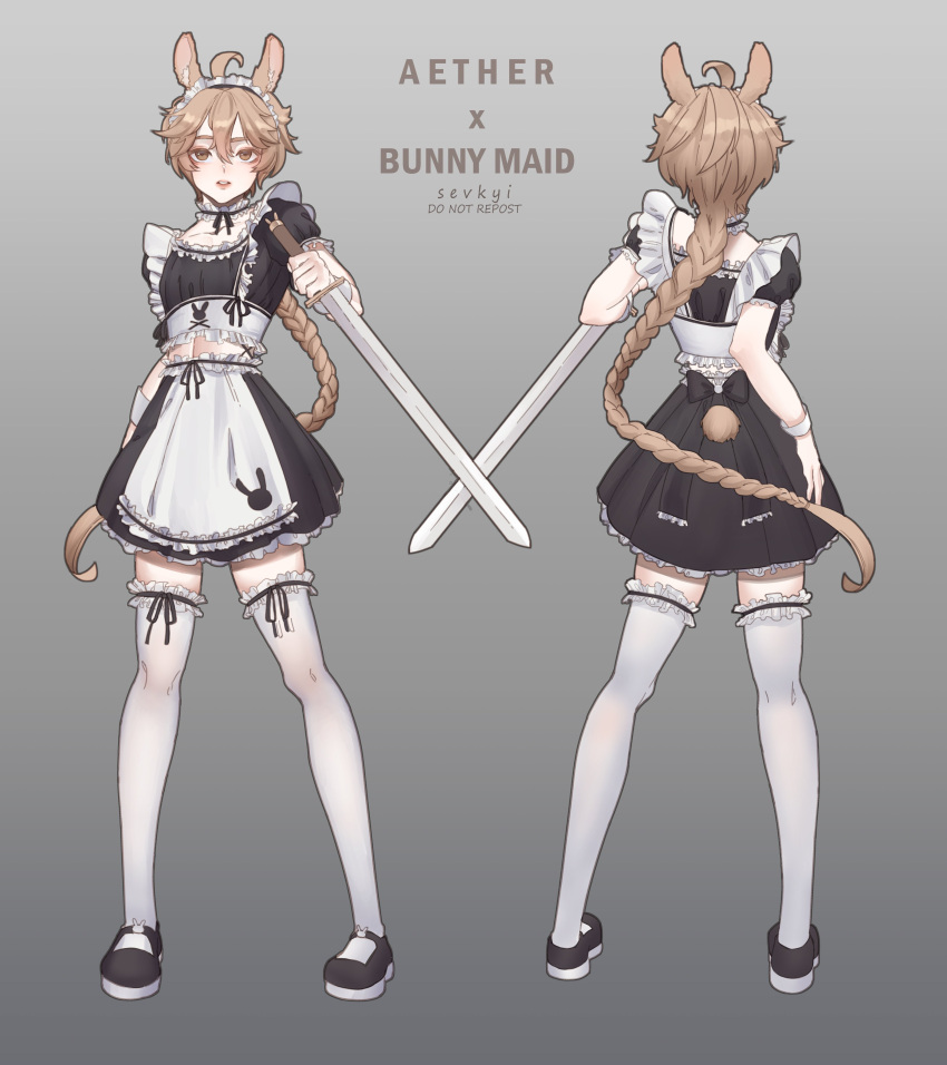 1boy absurdres aether_(genshin_impact) animal_ears black_footwear black_skirt blonde_hair braid brown_eyes full_body genshin_impact grey_background highres holding holding_sword holding_weapon long_hair looking_at_viewer maid maid_headdress male_focus multiple_views rabbit_ears sevkyi simple_background single_braid skirt sword thighhighs weapon white_thighhighs