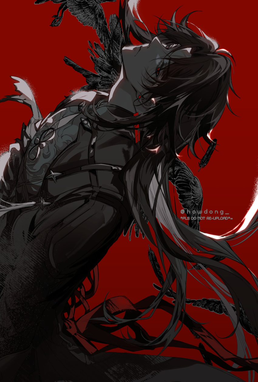 1boy absurdres blade_(honkai:_star_rail) closed_mouth earrings greyscale highres honkai:_star_rail honkai_(series) howdong jewelry limited_palette long_hair looking_up male_focus monochrome red_background red_eyes solo