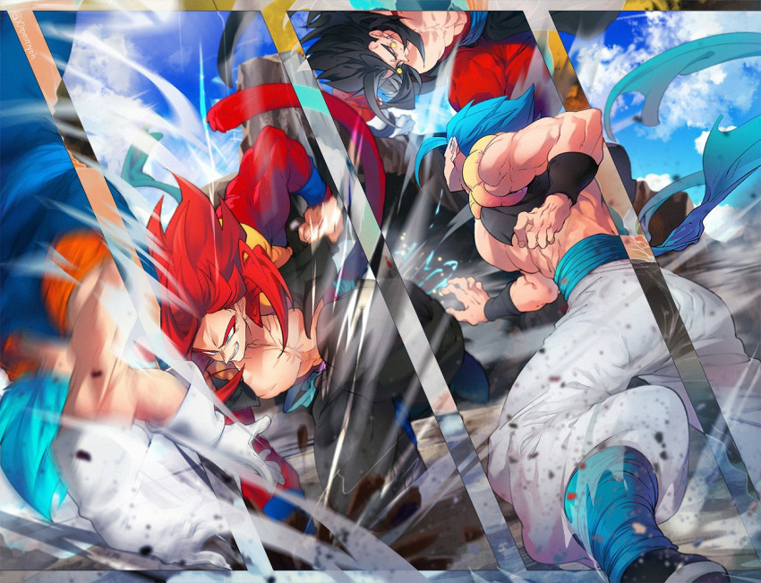 black_hair blue_eyes blue_sash blue_wristband closed_mouth dougi dragon_ball dragon_ball_heroes dragon_ball_super dual_persona earrings fighting gloves gogeta gogeta_(xeno) jewelry long_hair male_focus metamoran_vest monkey_boy monkey_tail multiple_boys muscular muscular_male ommmyoh open_mouth pants potara_earrings red_fur saiyan sash smile spiked_hair super_saiyan super_saiyan_4 super_saiyan_blue tail time_patrol_(dragon_ball) twitter_username vegetto vegetto_(xeno)