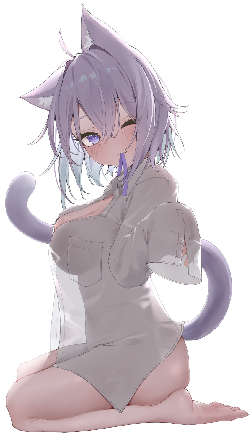 1girl absurdres ahoge animal_ears barefoot blue_hair blush breast_pocket breasts cat_ears cat_girl cat_tail cleavage collared_shirt colored_inner_hair dot_nose feet from_side highres hololive large_breasts medium_hair mouth_hold multicolored_hair naked_shirt nekomata_okayu outstretched_arm pocket purple_eyes purple_hair purple_ribbon reine_(reineko6) ribbon ribbon_in_mouth see-through see-through_shirt shirt silhouette simple_background sitting sleeves_past_fingers sleeves_past_wrists soles solo tail toes virtual_youtuber wariza white_background white_shirt