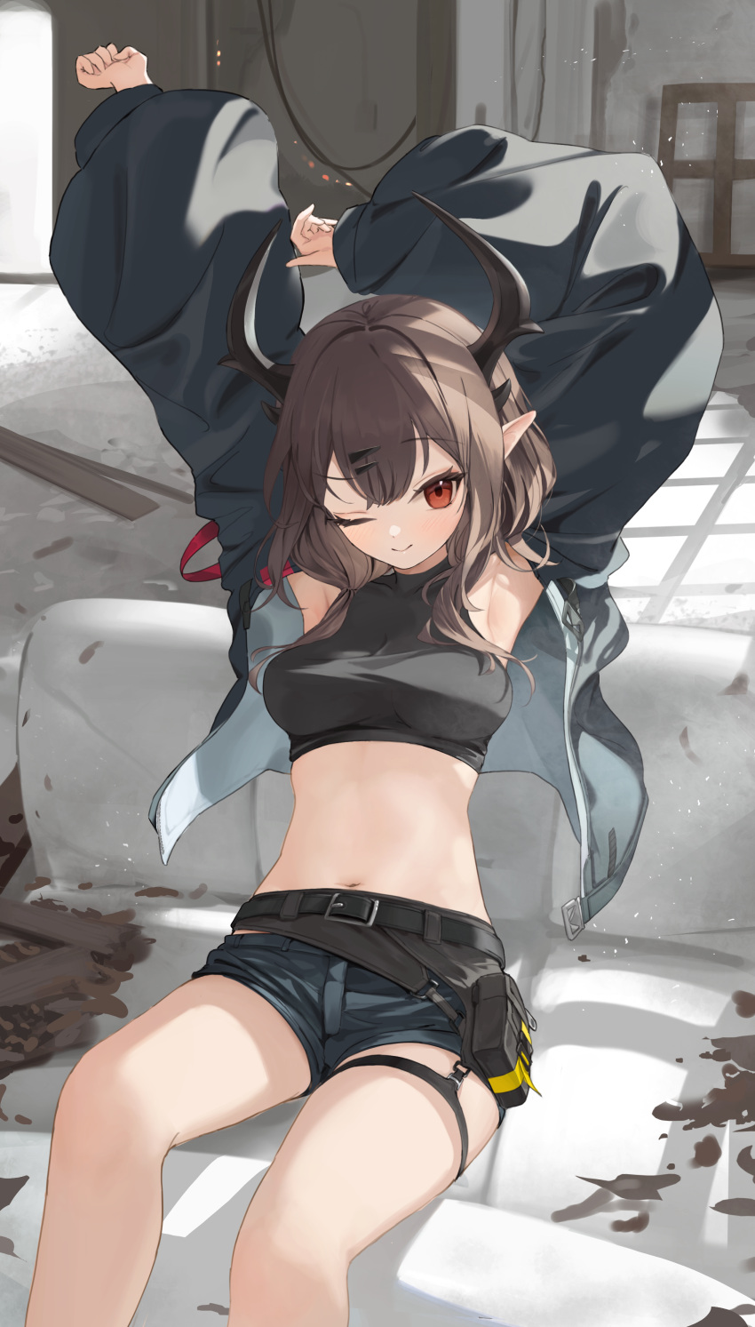 1girl absurdres armpits arms_behind_head arms_up belt belt_pouch black_jacket black_shirt blue_shorts breasts brown_hair closed_mouth commission crop_top hair_ornament hairclip highres horns jacket khremz's_character long_hair long_sleeves looking_at_viewer medium_breasts midriff navel one_eye_closed original pointy_ears pouch puffy_long_sleeves puffy_sleeves red_eyes revision shirt short_shorts shorts sidelocks sitting skeb_commission sleeveless sleeveless_shirt smile solo stomach takealook thigh_strap thighs