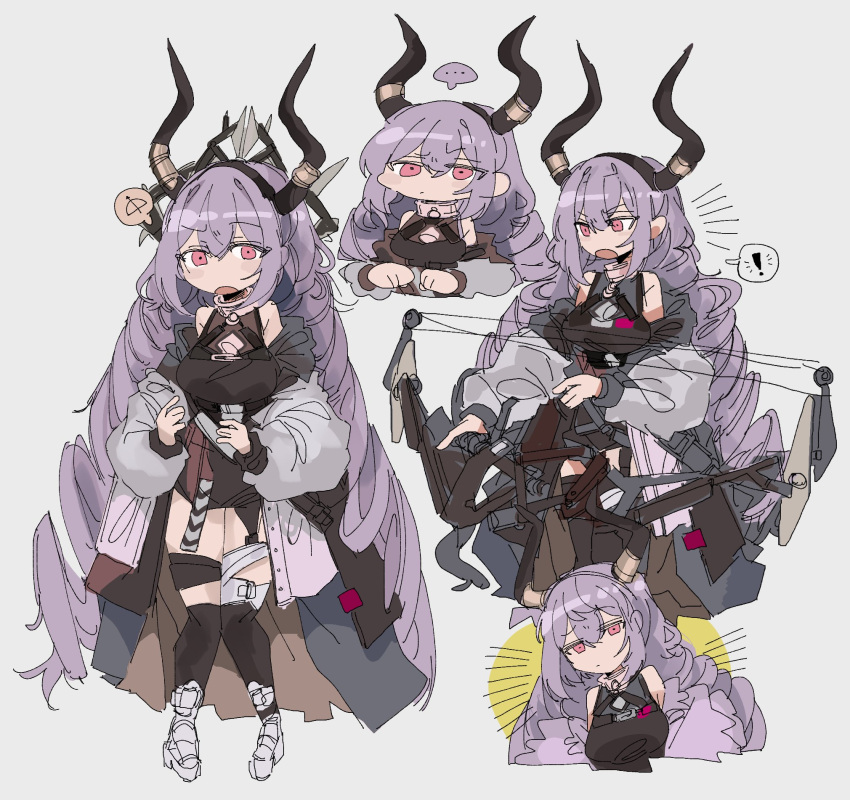 ! ... 1girl :o arknights black_horns black_shirt black_thighhighs blush bow_(weapon) breasts closed_mouth compound_bow dot_mouth fake_horns garter_straps grey_background hair_between_eyes highres holding holding_bow_(weapon) holding_weapon horns jacket knees_together_feet_apart large_breasts long_hair long_sleeves looking_at_viewer multiple_views odmised off_shoulder open_clothes open_jacket open_mouth pink_eyes purple_hair shirt sidelocks simple_background single_thighhigh sleeveless sleeveless_shirt spoken_ellipsis spoken_exclamation_mark thighhighs thighs typhon_(arknights) very_long_hair weapon white_jacket