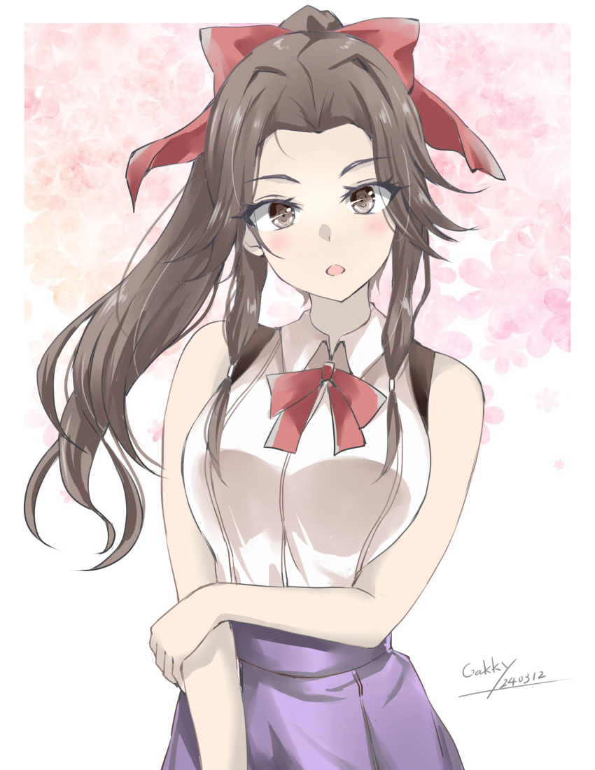 alternate_costume brown_eyes brown_hair collared_shirt dress_shirt gakky grey_skirt hair_intakes hair_ribbon highres jintsuu_(kancolle) kantai_collection long_hair one-hour_drawing_challenge ponytail red_ribbon ribbon shirt skirt sleeveless sleeveless_shirt upper_body white_shirt