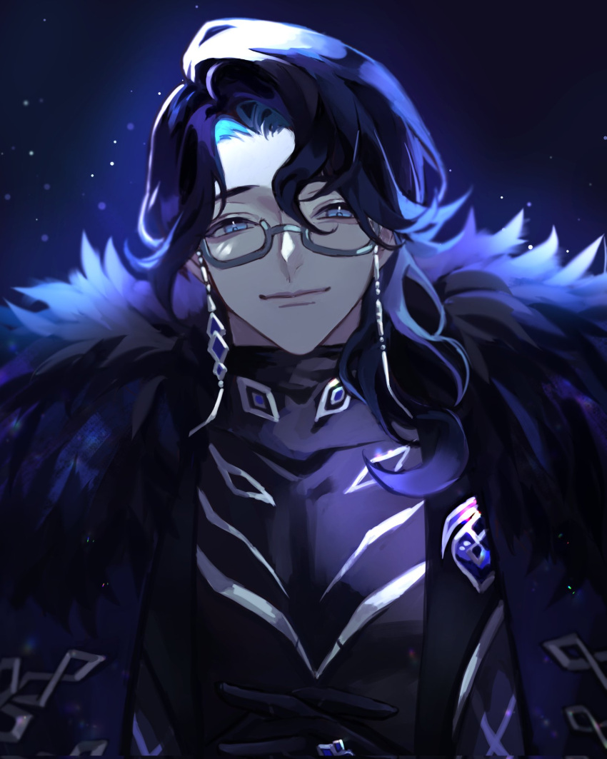 1boy black_cloak black_gloves black_hair black_jacket black_shirt blue_background blue_eyes blue_hair cloak closed_mouth dark_background earrings fur-trimmed_cloak fur_trim genshin_impact glasses gloves high_collar highres jacket jewelry looking_at_viewer male_focus mayu_mey open_clothes open_jacket own_hands_together pantalone_(genshin_impact) shirt simple_background solo upper_body