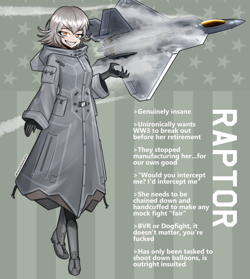 1girl absurdres aircraft airplane black_gloves english_text evil_grin evil_smile f-22_raptor fighter_jet full_body gloves grey_hair grin hair_between_eyes highres jet looking_at_viewer mecha_musume medium_hair military_vehicle orange_hair original pandramodo personification smile solo twitter_username