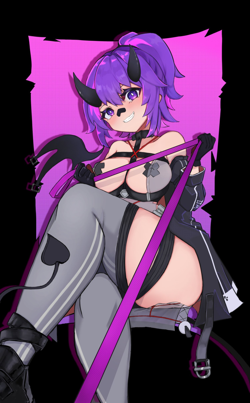 1girl absurdres bandaid bandaid_on_face bandaid_on_nose black_jacket black_thighhighs breasts chumidraws cross_pasties demon_girl demon_horns demon_tail highres holding holding_leash horns jacket leash looking_at_viewer medium_breasts melody_(projektmelody) melody_(projektmelody)_(cyber_succubus) official_alternate_costume official_art pasties purple_eyes purple_hair smile solo tail thighhighs virtual_youtuber vshojo