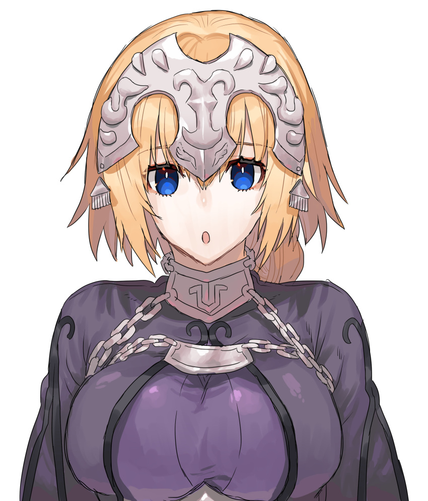 1girl :o absurdres blonde_hair blue_eyes bow braid breasts cape chain fate/grand_order fate_(series) hair_between_eyes hair_bow heart highres jeanne_d'arc_(fate) large_breasts long_hair looking_at_viewer none_(kameko227) open_mouth solo upper_body white_background