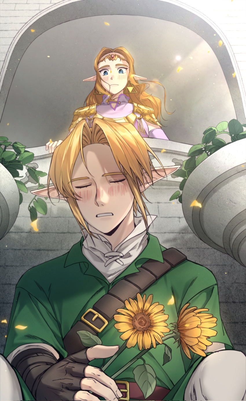 1boy 1girl absurdres blonde_hair blue_eyes closed_eyes closed_mouth earrings flower gloves green_tunic highres hwion_zelda jewelry link long_hair pointy_ears princess_zelda sad shirt the_legend_of_zelda the_legend_of_zelda:_ocarina_of_time triforce_earrings white_shirt