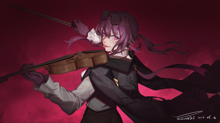 1girl 2023 black_jacket bow_(music) collared_shirt dated eyewear_on_head gloves hair_between_eyes highres holding holding_instrument holding_violin honkai:_star_rail honkai_(series) instrument jacket juwdi kafka_(honkai:_star_rail) long_hair long_sleeves looking_at_viewer music pince-nez playing_instrument ponytail purple_eyes purple_gloves purple_hair red_background round_eyewear shirt sidelocks signature smile solo sunglasses upper_body violin white_shirt