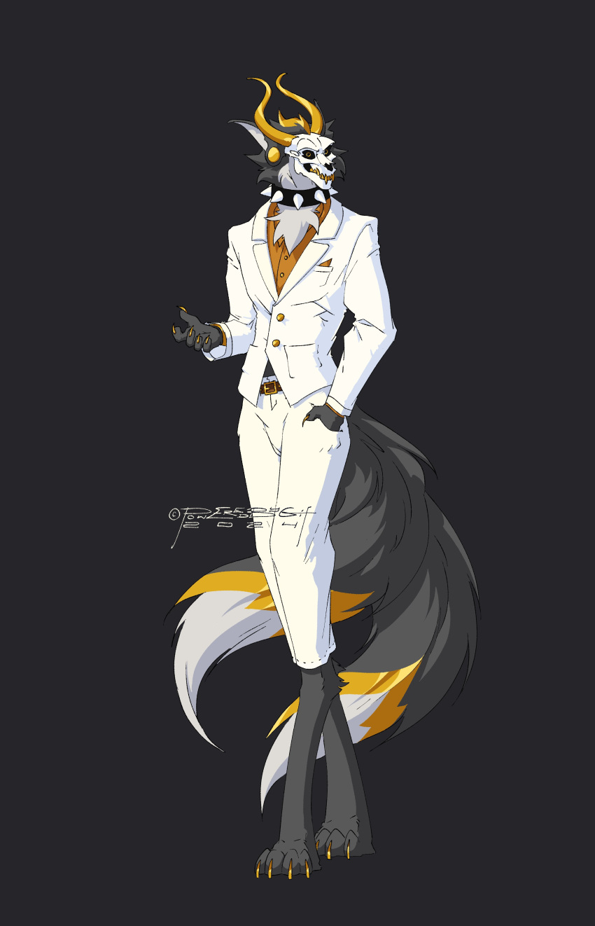 2024 5_fingers absurd_res anthro athletic athletic_anthro athletic_male biped black_body black_fur canid canine canis clothing collar countershade_fur countershading dragon fingers fluffy fluffy_tail fur hi_res hybrid male mammal mythological_creature mythological_scalie mythology poweredbygif scalie solo spiked_collar spikes standing tail topwear vest white_body white_clothing white_countershading white_fur white_topwear white_vest wolf