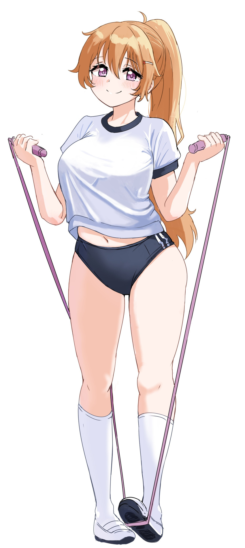 1girl absurdres blue_buruma blush breasts brown_hair buruma ereka gym_shirt gym_uniform hair_between_eyes hair_ornament hairclip highres jump_rope konoe_kanata large_breasts long_hair looking_at_viewer love_live! love_live!_nijigasaki_high_school_idol_club orange_hair purple_eyes shirt short_sleeves simple_background smile solo wavy_hair white_background white_shirt