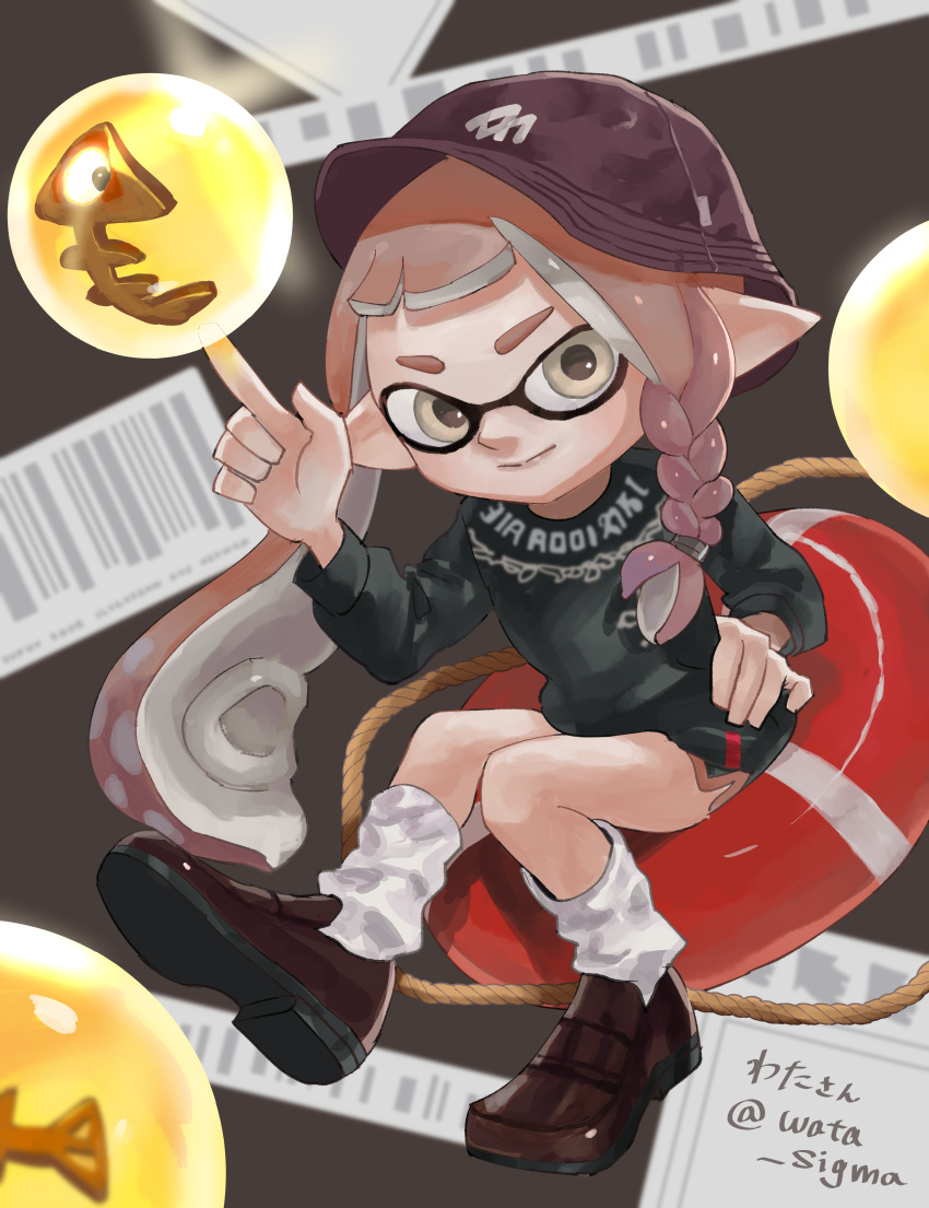 1girl absurdres closed_mouth commentary_request full_body golden_egg hat highres inkling inkling_girl inkling_player_character koyomi_yamai leg_warmers lifebuoy long_hair looking_at_viewer orange_hair pointy_ears red_footwear red_headwear salmon_run_(splatoon) shoes smile solo splatoon_(series) swim_ring tentacle_hair thick_eyebrows yellow_eyes