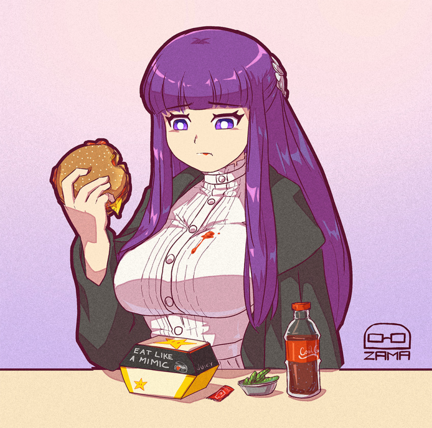 1girl artist_logo artist_name black_coat blunt_bangs breasts bright_pupils burger carl's_jr. cheese coat dress drink eating english_text fern_(sousou_no_frieren) food food_on_clothes food_on_face gradient_background holding holding_food ketchup large_breasts long_hair long_sleeves purple_eyes purple_hair sauce sidelocks solo sousou_no_frieren tacozama upper_body white_dress white_pupils