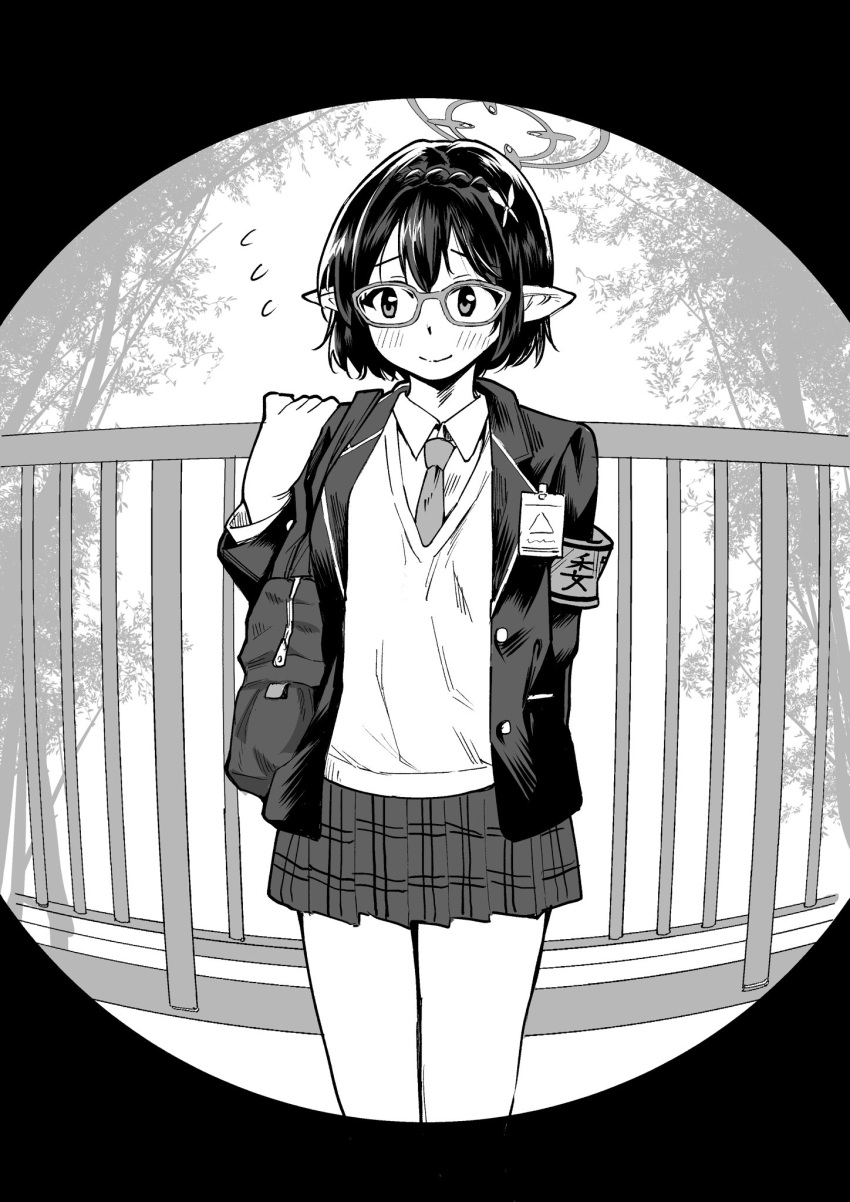 1girl arm_behind_back ayane_(blue_archive) bag blazer blue_archive blush closed_mouth collared_shirt commentary_request cowboy_shot flying_sweatdrops glasses greyscale halo hand_up highres jacket long_sleeves monochrome necktie open_clothes open_jacket plaid plaid_skirt pointy_ears school_uniform shirt short_hair skirt smile solo standing yuki_wosora