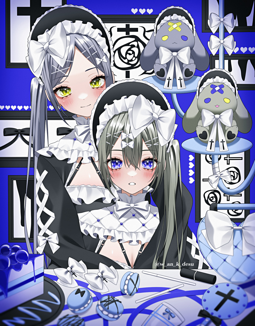 2girls arms_around_neck bag blue_background blush bonnet bow breasts cake cake_slice cleavage commentary cosmetics cross cross-laced_clothes cross-laced_sleeves food frilled_shirt_collar frills grey_hair hair_bow hair_ornament hairclip handbag heart-shaped_bag high_collar highres lipstick_tube long_hair long_sleeves looking_at_viewer macaron multiple_girls multiple_hair_bows original purple_eyes side_ponytail smile stuffed_animal stuffed_rabbit stuffed_toy symbol-only_commentary very_long_hair wanko_(yurika0320) yellow_eyes