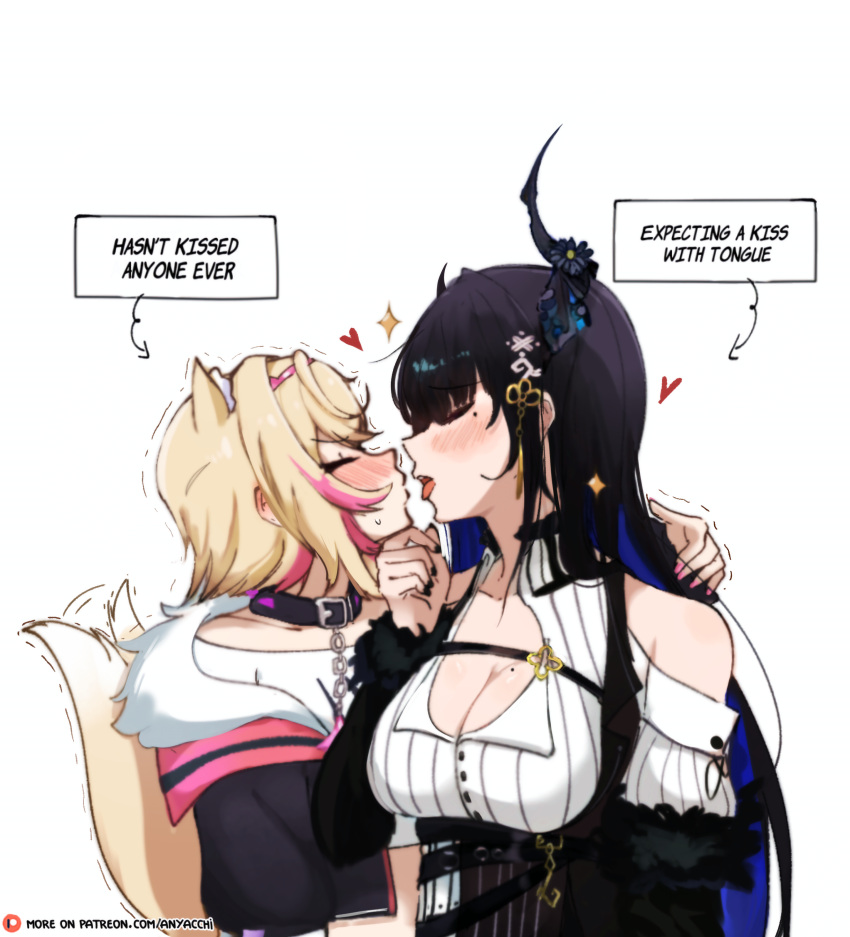 2girls absurdres animal_collar animal_ears anyacchi asymmetrical_horns black_collar black_hair black_jacket black_nails blonde_hair blue_hair blush breasts cleavage clothing_cutout collar collared_shirt colored_inner_hair commentary dog_ears dog_girl dog_tail english_commentary english_text fur-trimmed_jacket fur_trim hasn't_kissed_anyone_ever_vs_expecting_a_kiss_with_tongue_(meme) heart highres hololive hololive_english horn_flower horns imminent_kiss jacket large_breasts long_hair long_sleeves meme mococo_abyssgard mococo_abyssgard_(1st_costume) mole mole_on_breast mole_under_eye multicolored_hair multiple_girls nail_polish nerissa_ravencroft nerissa_ravencroft_(1st_costume) open_mouth pink_hair profile shirt short_hair shoulder_cutout simple_background spiked_collar spikes straight_hair streaked_hair tail tongue uneven_horns upper_body very_long_hair virtual_youtuber white_background white_shirt yuri