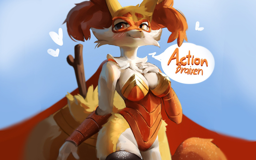 16:10 2024 absurd_res anthro austinarts4 big_breasts blush braixen breasts cape clothing dialogue female generation_6_pokemon heart_symbol hi_res mask nintendo pokemon pokemon_(species) red_eyes solo speech_bubble stick superhero tail widescreen