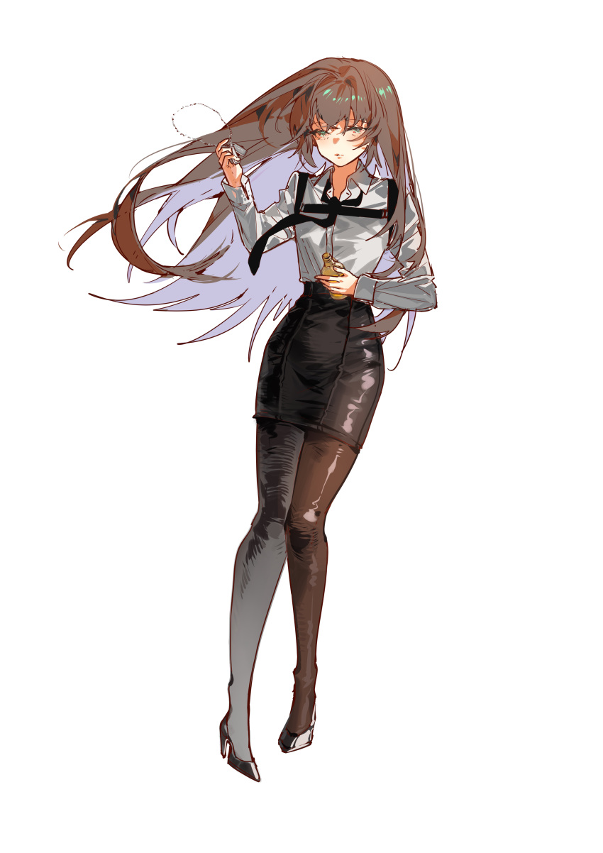 1girl absurdres black_footwear black_necktie black_pantyhose blueblossom bottle brown_hair check_clothing collared_shirt colored_inner_hair commentary_request female_commander_(girls'_frontline) full_body girls'_frontline green_eyes high_heels highres holding holding_bottle holding_dog_tags long_hair long_sleeves multicolored_hair necktie pantyhose partial_commentary pencil_skirt shirt shirt_tucked_in shoulder_strap simple_background skirt solo very_long_hair white_background white_shirt