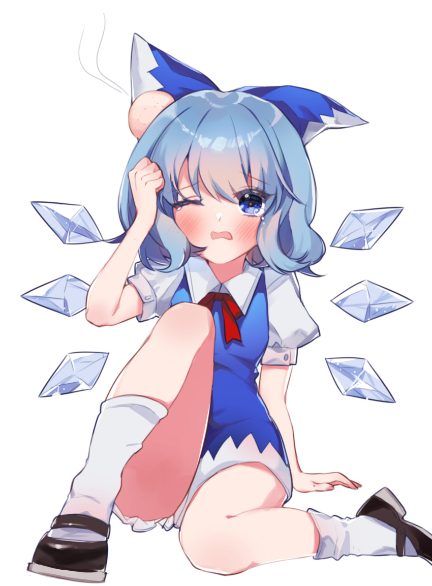 1girl absurdres arm_up bangs blue_bow blue_dress blue_eyes blue_hair blush bow brown_footwear cirno cirno_day collared_shirt crying dress frown full_body furrowed_brow hair_bow head_bump highres ice ice_wings iwakoo mary_janes neck_ribbon open_mouth pinafore_dress puffy_short_sleeves puffy_sleeves red_ribbon ribbon shirt shoes short_dress short_hair short_sleeves simple_background socks solo touhou wavy_mouth white_background white_shirt white_socks wings