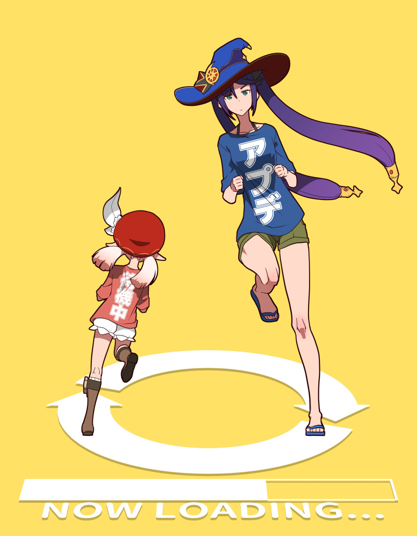 2girls :| absurdres bare_legs beret blue_footwear blue_headwear blue_shirt bow closed_mouth dot_nose expressionless floating_hair genshin_impact gradient_hair green_eyes green_shorts hair_between_eyes hat highres imtmcomics klee_(genshin_impact) knee_up leaning_to_the_side loading_screen long_hair long_sleeves looking_at_viewer low_twintails mona_(genshin_impact) multicolored_hair multiple_girls pointy_ears print_shirt purple_hair red_hair red_headwear red_shirt running sandals shirt short_shorts shorts simple_background sleeves_rolled_up twintails very_long_hair white_bow white_hair white_shorts witch_hat yellow_background