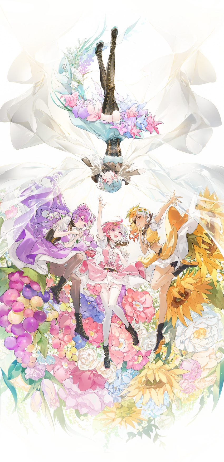 4girls :d absurdres ahoge arm_up autumn_(takt_op.) bird_hair_ornament black_corset black_footwear black_gloves black_shorts blue_dress blue_flower blue_hair blunt_bangs boots chap_sal_! circle_formation closed_eyes closed_mouth colored_shoe_soles corset crop_top cross-laced_footwear curtain_grab curtains double_bun dress flower flower_underskirt food fruit fruit_underskirt full_body gloves grapes grey_hair grin hair_bun hair_flower hair_ornament hand_to_own_mouth highres knee_up knees_together_feet_apart lace-up_boots layered_skirt leaf_hair_ornament leg_up medium_hair midriff mole mole_under_mouth multi-tied_hair multicolored_hair multiple_girls nail_polish neck_ruff outstretched_arm pantyhose parted_lips pink_eyes pink_flower pink_nails pink_rose pink_shirt pink_skirt print_hair puffy_short_sleeves puffy_sleeves purple_dress purple_eyes purple_flower purple_hair purple_nails rose seasons shirt short_sleeves shorts shorts_under_skirt skirt smile snowflake_hair_ornament split-color_hair spring_(takt_op.) steepled_fingers streaked_hair summer_(takt_op.) sunflower takt_op. tan teeth thigh_boots thighhighs transparent_curtains tulip two-tone_skirt upper_teeth_only white_background white_flower white_hair white_rose white_skirt white_sleeves white_thighhighs winter_(takt_op.) yellow_eyes yellow_flower yellow_nails yellow_shirt yellow_skirt