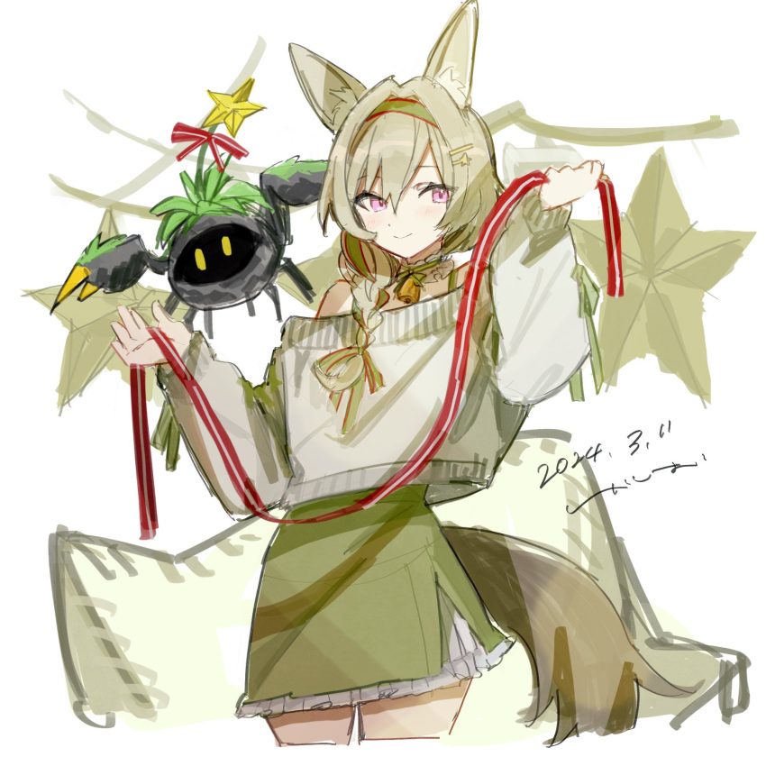 1girl animal_ear_fluff animal_ears arknights bare_shoulders beanstalk_(arknights) beanstalk_(gift_uncompleted)_(arknights) bell braid brown_hair closed_mouth commentary_request dated green_hairband green_skirt hair_between_eyes hair_ornament hair_over_shoulder hairband hairclip hands_up highres holding holding_ribbon k-yosinori long_hair long_sleeves neck_bell off-shoulder_shirt off_shoulder puffy_long_sleeves puffy_sleeves purple_eyes red_ribbon ribbon shirt signature simple_background single_braid sketch skirt sleeves_past_wrists smile star_(symbol) tail white_background white_shirt