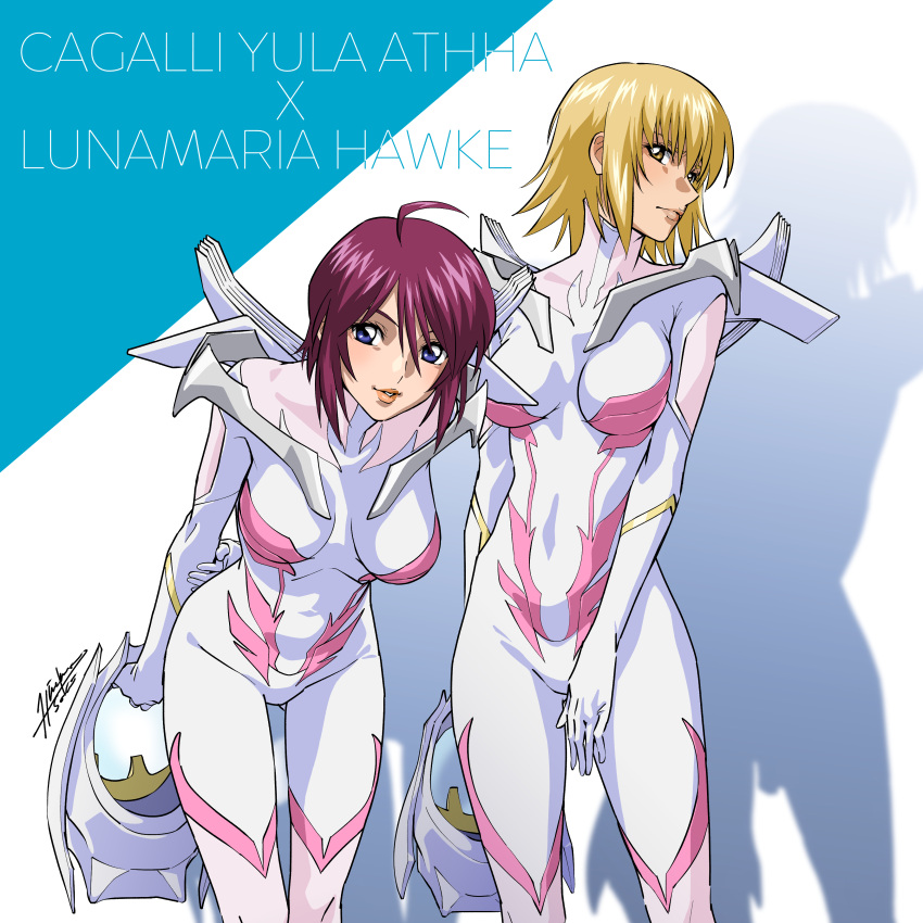 2girls absurdres ahoge blonde_hair blush bodysuit breasts cagalli_yula_athha gundam gundam_seed gundam_seed_freedom hair_between_eyes helmet highres himemura_saki holding holding_helmet looking_at_viewer lunamaria_hawke multiple_girls normal_suit pilot pilot_helmet pilot_suit purple_hair science_fiction short_hair smile yellow_eyes