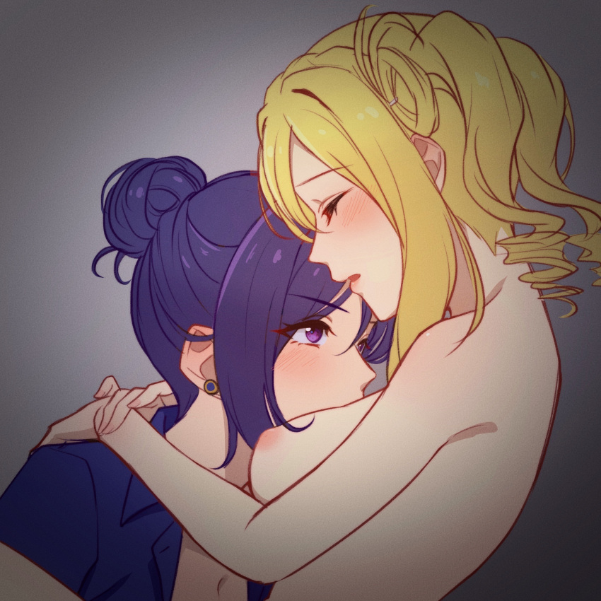 2girls alternate_hairstyle blonde_hair blush breasts closed_eyes collared_shirt commentary_request drill_hair earrings face_to_breasts facing_another grey_background hair_bun highres hug jewelry looking_at_another love_live! love_live!_sunshine!! matsuura_kanan medium_breasts medium_hair multiple_girls nude nyasa ohara_mari open_clothes open_mouth open_shirt purple_eyes purple_hair purple_shirt shirt sidelocks single_hair_ring twin_drills upper_body yuri