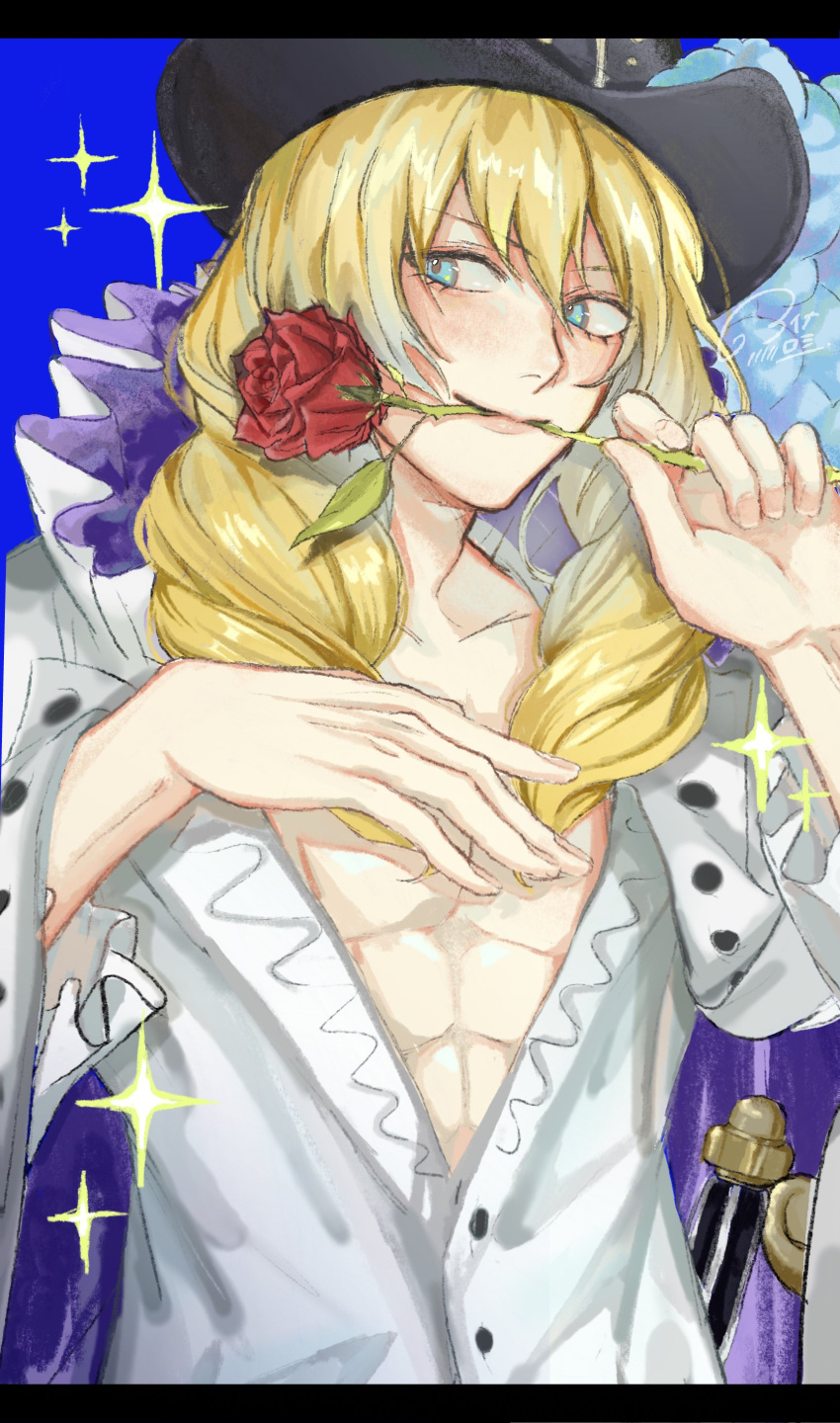 1boy a1na63 absurdres blonde_hair blue_eyes cape cavendish flower hat highres holding holding_flower long_hair long_sleeves male_focus one_piece open_clothes red_flower red_rose rose shirt smile solo sword weapon