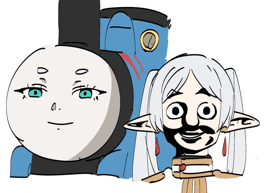 1boy 1girl aqua_eyes commentary crossover drop_earrings earrings elf faceswap frieren horror_(theme) jewelry locomotive looking_at_viewer mechanization parted_bangs personification perutore pointy_ears sanpaku shaded_face simple_background smile sousou_no_frieren staring steam_locomotive teeth thomas_the_tank_engine thomas_the_tank_engine_(character) train twintails upper_teeth_only white_background